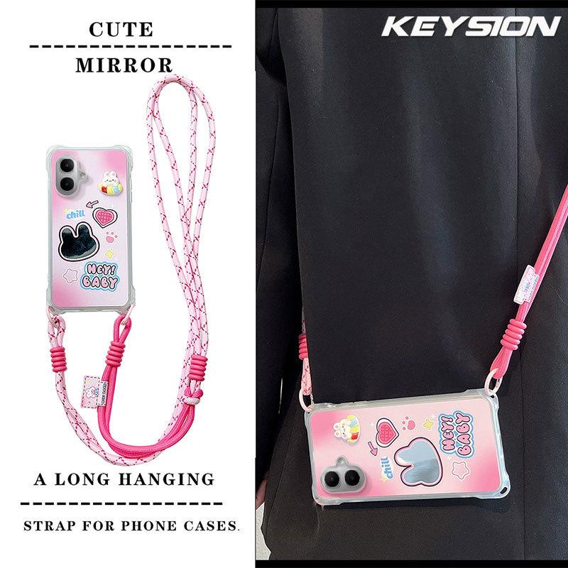KEYSION Crossbody Strap Phone Case for Infinix Smart 10 Cute Cartoon Long Lanyard Mirror Shockproof Cover for TECNO Spark Go 2 Pop 10