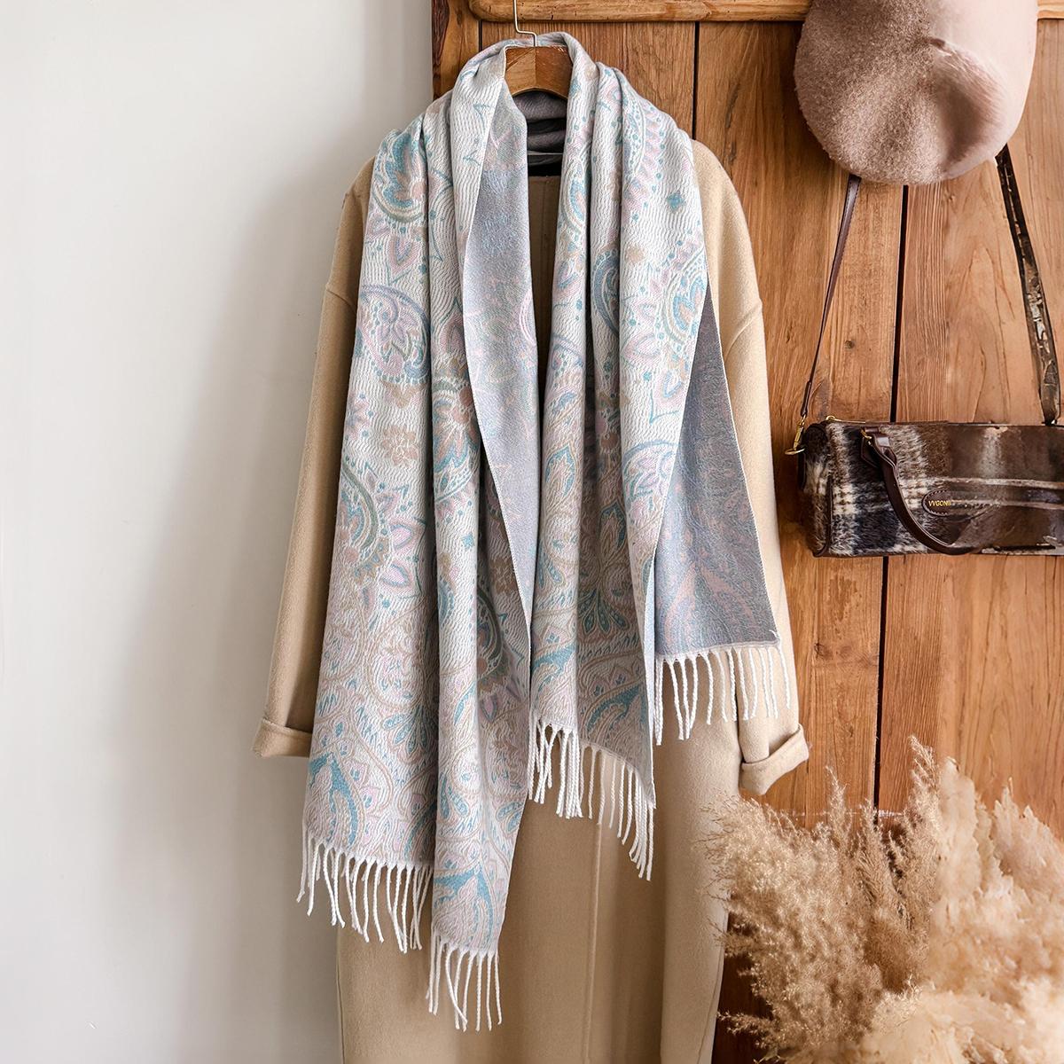 

Fashion Women S Winter Cashmere Shawl - Vintage Oil Painting Floral Printed Tasseled Pashmina Thick Wrap & Echarpe Poncho