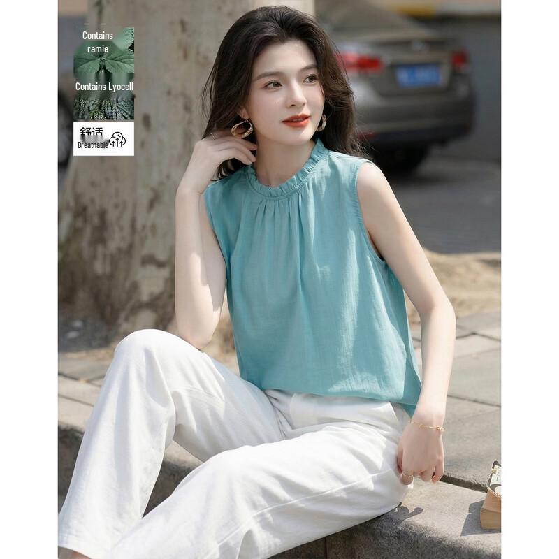 Demana Women s Ruffle Cap Sleeve Ramie Lyocell Blend Shirt L