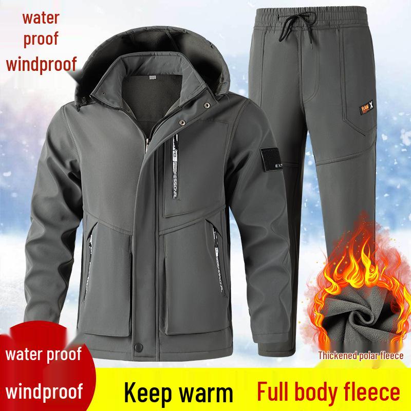 Men's Waterproof Camouflage Workwear: Thick, Plus Velvet for Autumn/Winter - Protective Jacket and Overalls.