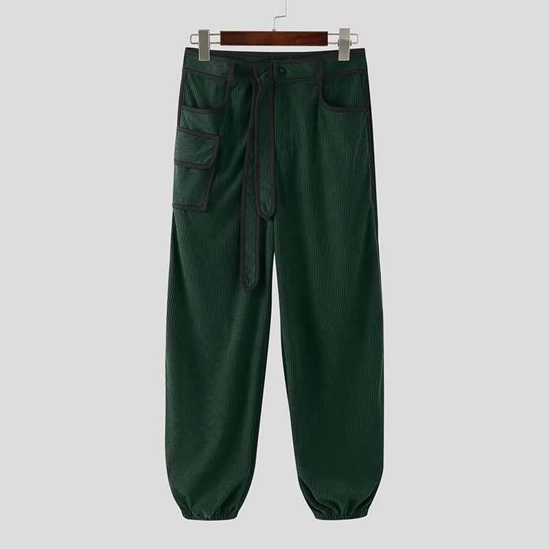 INCERUN Men Zip-up Waist Stitching Belt Corduroy Casual Long Harem Pants Trousers 