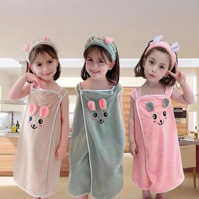 Kinder Badewickelrock Hasenohren Saugfähiges Badetuch Korallenfleece Kleiderstil Badewickel mit Schulterträgern für Strand Schwimmbad