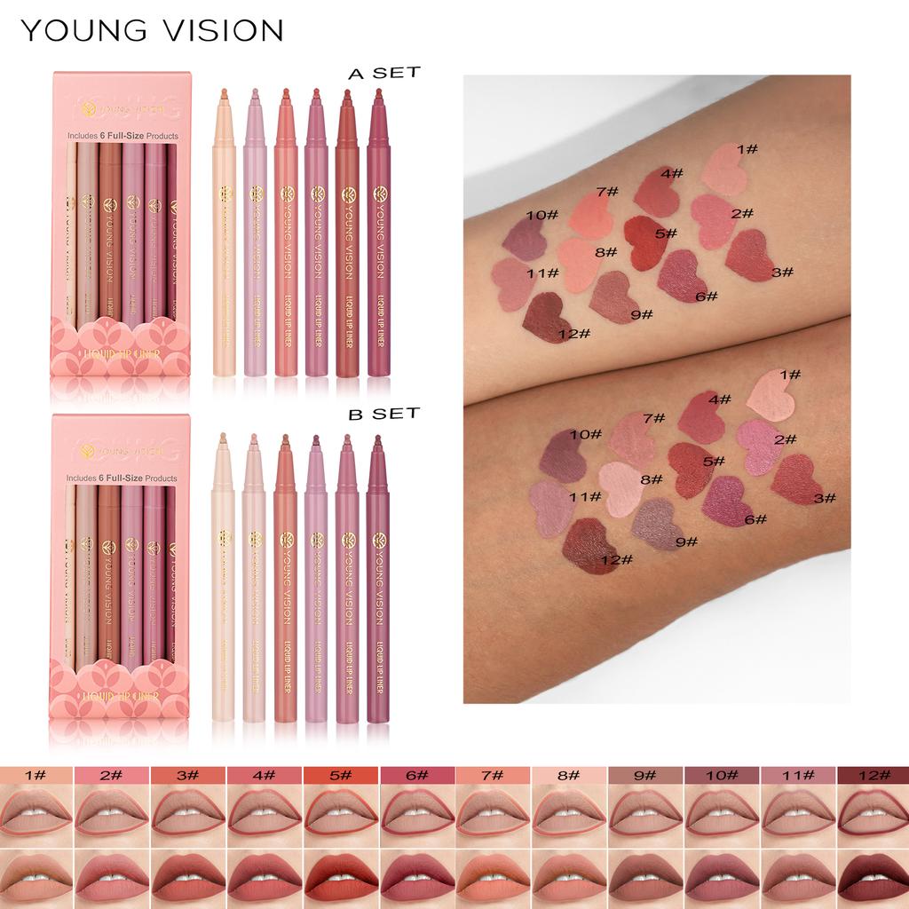 YOUNG VISION Sada matných 6barevných tekutých tužek na rty Sponge Tykev Head Mist Nude Lipstick Pen