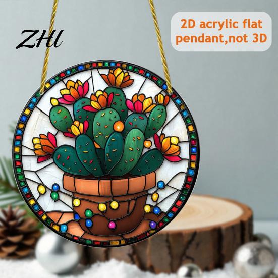 Acrylic Santa Claus Pendants Stained Glass Style Christmas Hanging Pendant, Plants Ornaments with Lanyard Double Sided Printed Xmas for Tree