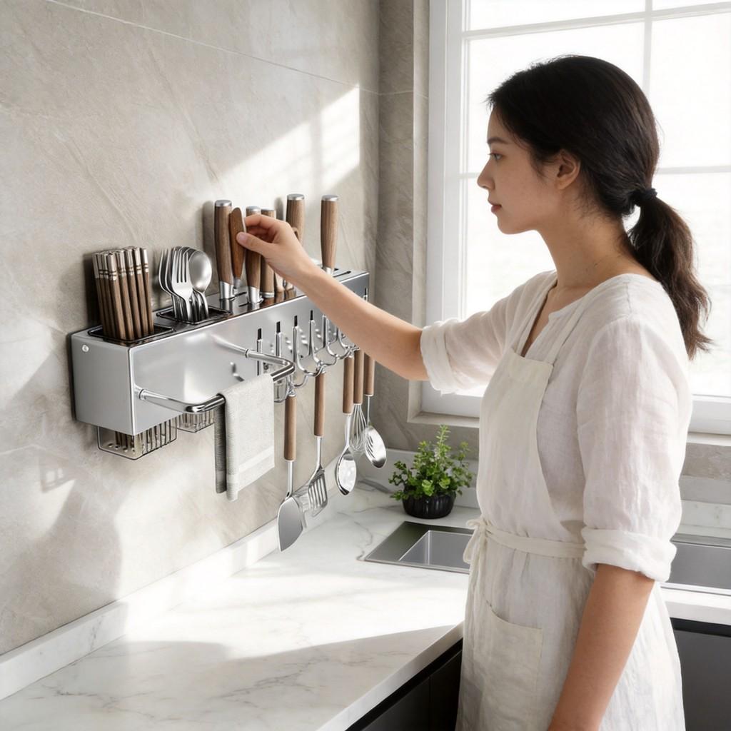 Stainless Steel Wall Mount Kitchen Utensil Organizer With Multiple Hooks For Home Storage