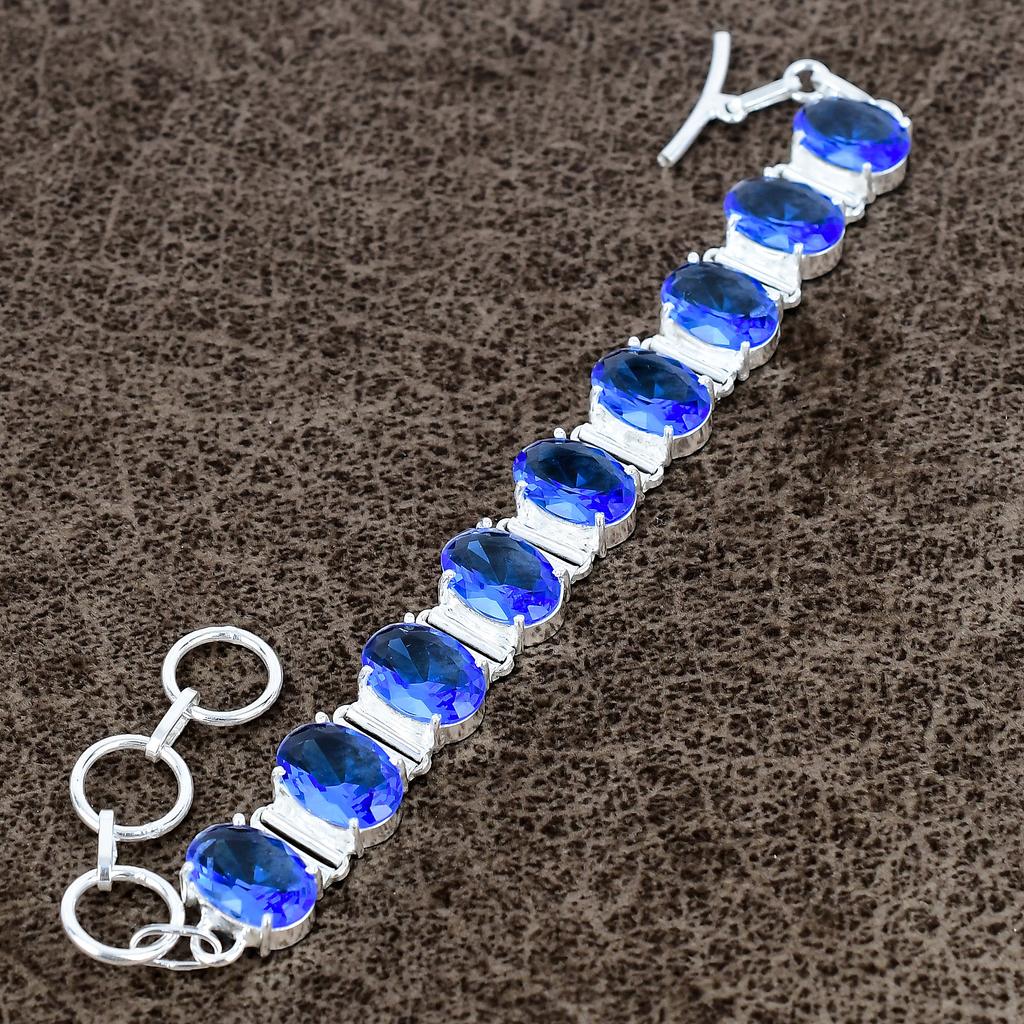Blue Topaz Gemstone Handmade 925 Sterling Silver Bracelet 7-8" KKG-149