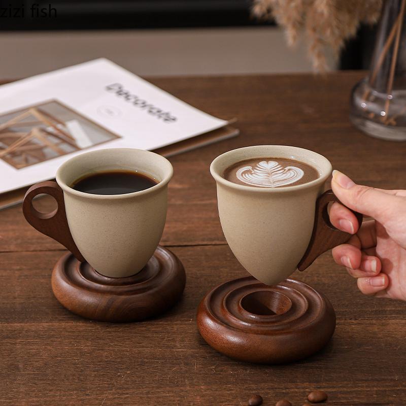 Coarse Pottery Coffee Cup Wooden Pallet Sharp Bottomed Water Cups Breakfast Cups Coffee Mug Afternoon Tea Cup Milk Mug