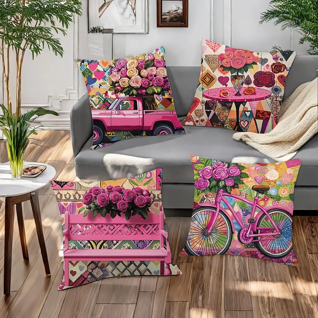 Romantic Pink Truck Pillow Covers, Colorful Patchwork Rose Bicycle Art Decorative Throw Pillow Cases, Home Decor Cushion Covers