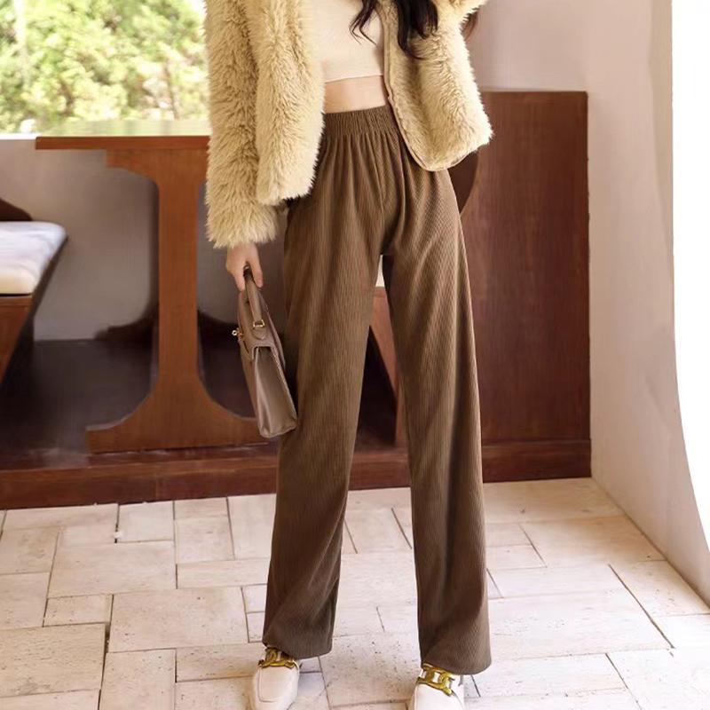 Women's Solid Elastic Waist Corduroy Wide Leg Pants Casual Sports Long Plush Trousers