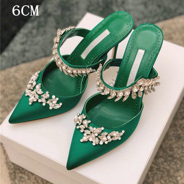 Fashion Couture! French Pointed Flat Sandal Rhinestone Goddess Fan Niche Design Sense High Heel Half Drag