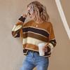 Women's Crew Neck Long Sleeve Knit Sweater Loose Fit Lazy Style Color Block Striped Pullover Top