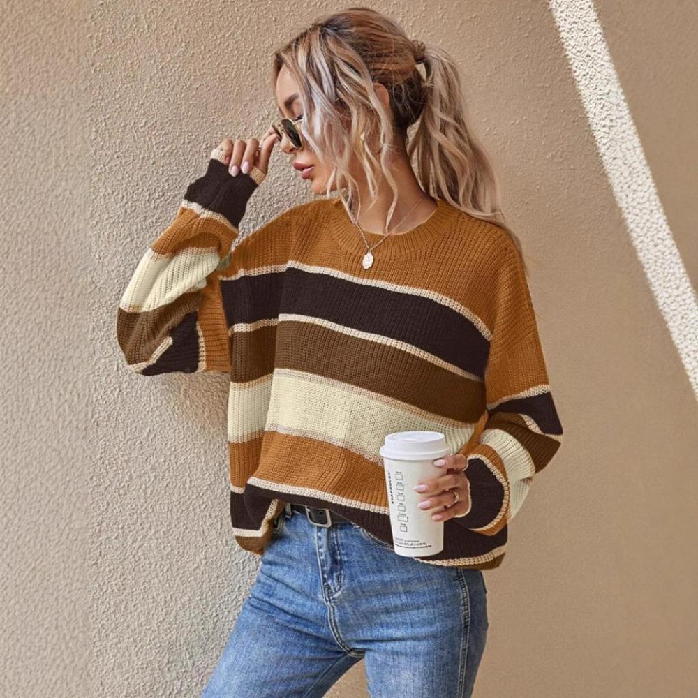 Women's Crew Neck Long Sleeve Knit Sweater Loose Fit Lazy Style Color Block Striped Pullover Top