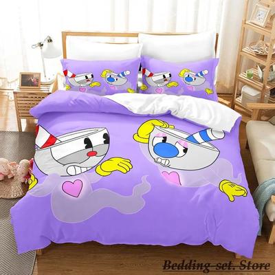 Hra Cuphead Mugman Ložní souprava Kreslený Anime třídílný set Pro dospělé Dětská ložnice Sady povlaků na přikrývku 3D Kawaii manželská postel