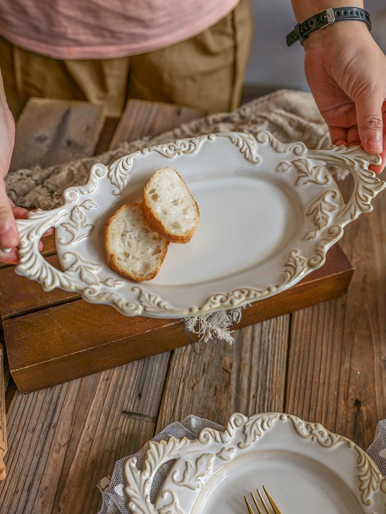 French-style kiln transformation retro relief plate, ceramic pasta plate, dessert Western cuisine double-ear arrangement plate