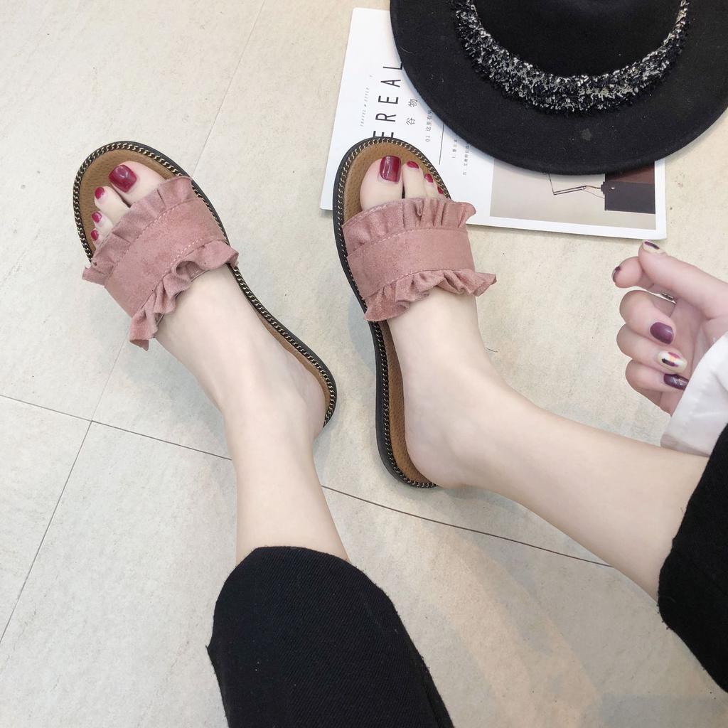 Mode Übergröße Damen Hausschuhe Bonbonfarbe Pantoletten Damenschuhe Sommer Flats Denim Hausschuhe Spitze Pantolette Falten Damen Schuhe zapatos mujer