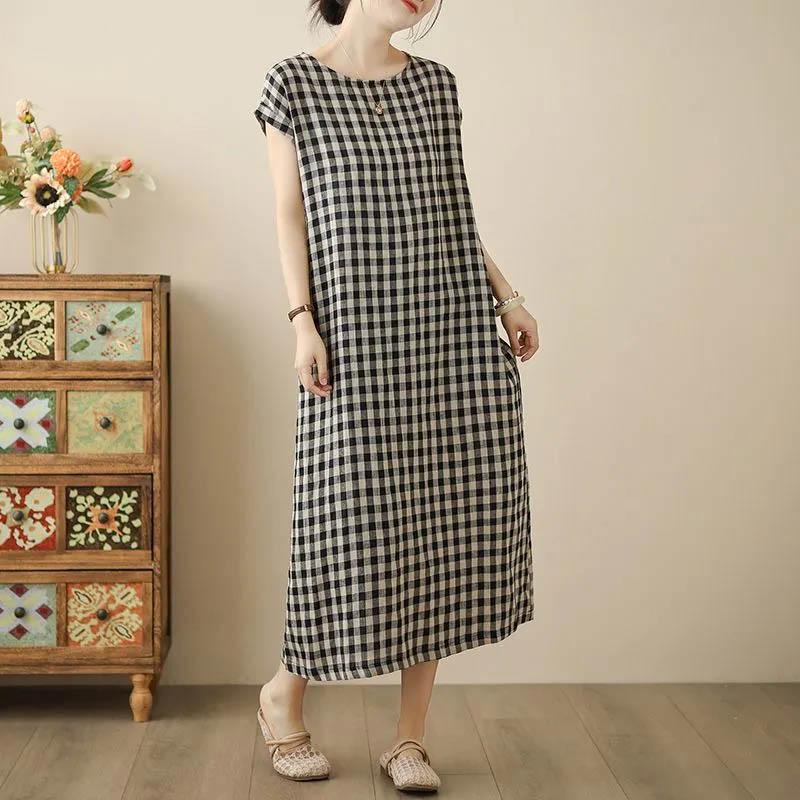 

Хлопковое платье Летнее Свободное Большого размера Пуловер с круглым вырезом Клетчатое Мягкое Повседневное Юбка миди XXL