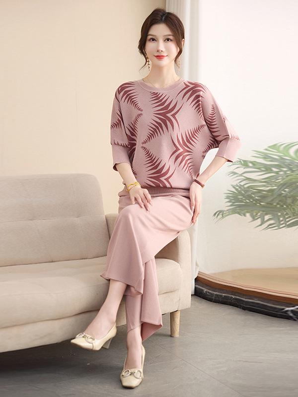 Elegant Knitwear Top & Slimming Wide-Leg Pants Set for Middle-Aged Women - Fashionable Spring & Autumn Apparel