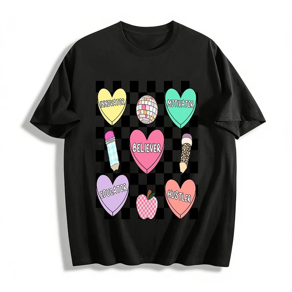 

Vintage Checkerboard Heart Slogan Teacher Graphic Casual Top Pure cotton T-shirt XXS