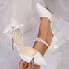 Spiss Tå Perle Ankelstropp Høyhælte Pumps Kvinner Hvite Satin Sløyfeknute Bankett Festsko Kvinne Elegante Stiletthælede Pumps
