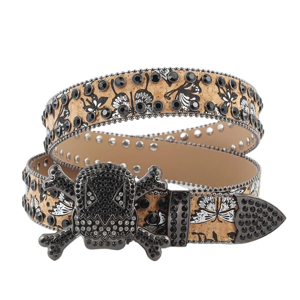 Punk Skull Belt Hip Hop Style Inlaid with Rhinestone Print Hot Girl Style Rock Fashion Decoration Belt