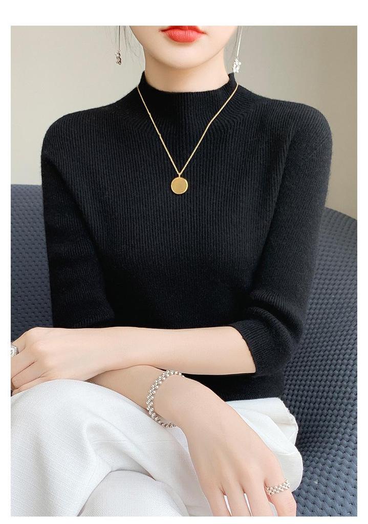 Women's Slim Fit Half-High Neck Five-Sleeve Base Layer Sweater for Spring and Autumn