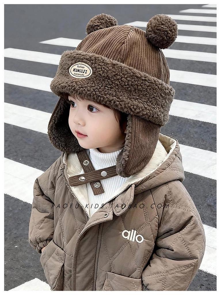 Children's Winter Hat with Fleece Lining, Windproof Corduroy Design, and Lambswool Ear Protection