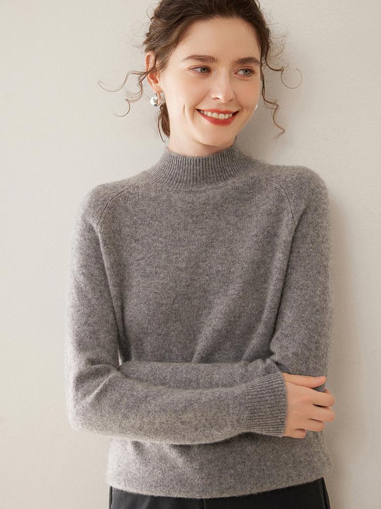 Women's 100% Pure Cashmere Soft Knit Sweater, Half-High Neck, Loose, Skin-Friendly, Slimming Base Layer