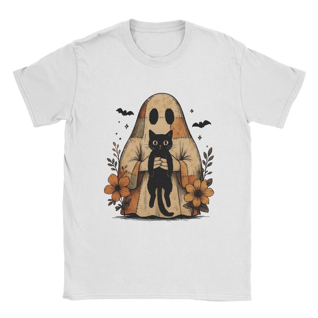 Ghost Cat Meme T Shirt Summer Halloween Ghost Holding Black Cat Cotton T-Shirts For Men's Tee Shirt Short-Sleeve Top Tees