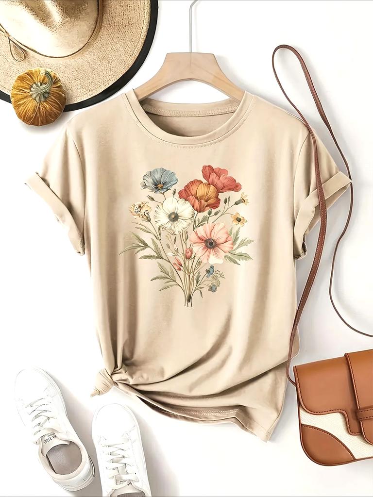 Floral Fashion Tee Breathable Women's Casual Fashion T-Shirt Crew Neck Short Sleeve Colorful Floral Women Clothing