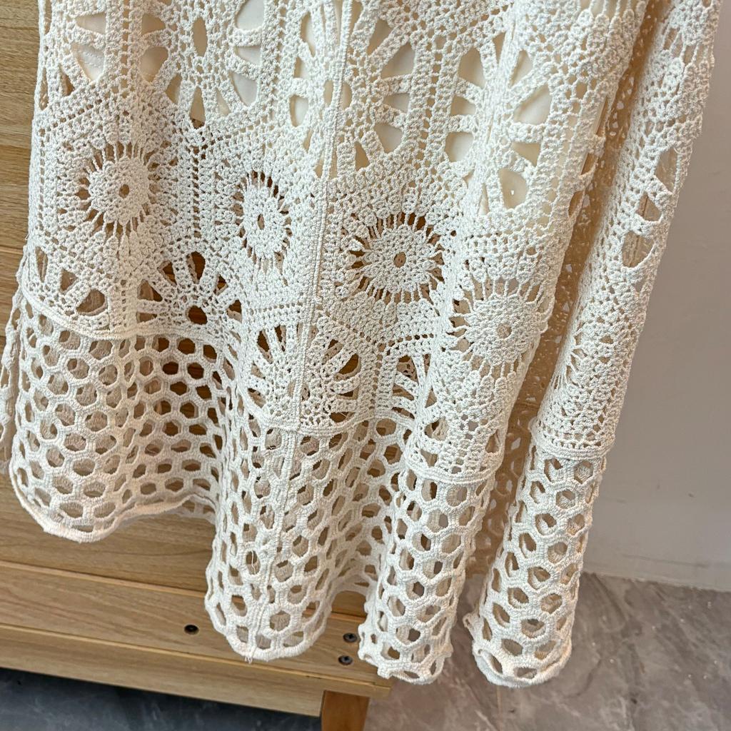 Dimanaf 2025 New Skirt Suit Women Lace Knitting Hollow Out Sexy O-Neck Hollow Summer Style Tops Tees Loose Basic