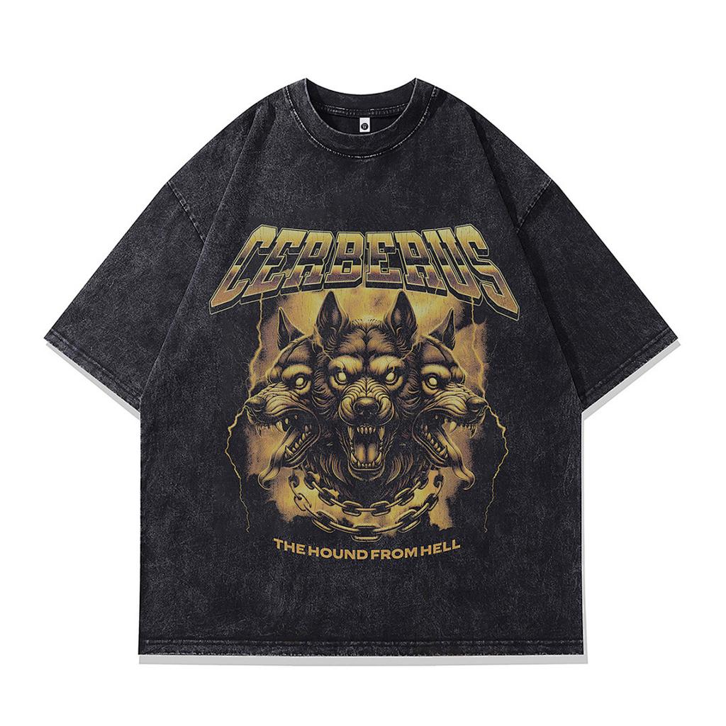 Summer Men'S Trendy Brand Short-Sleeved T-Shirt American High Street Vintage Doberman Print Fried Color T-Shirt