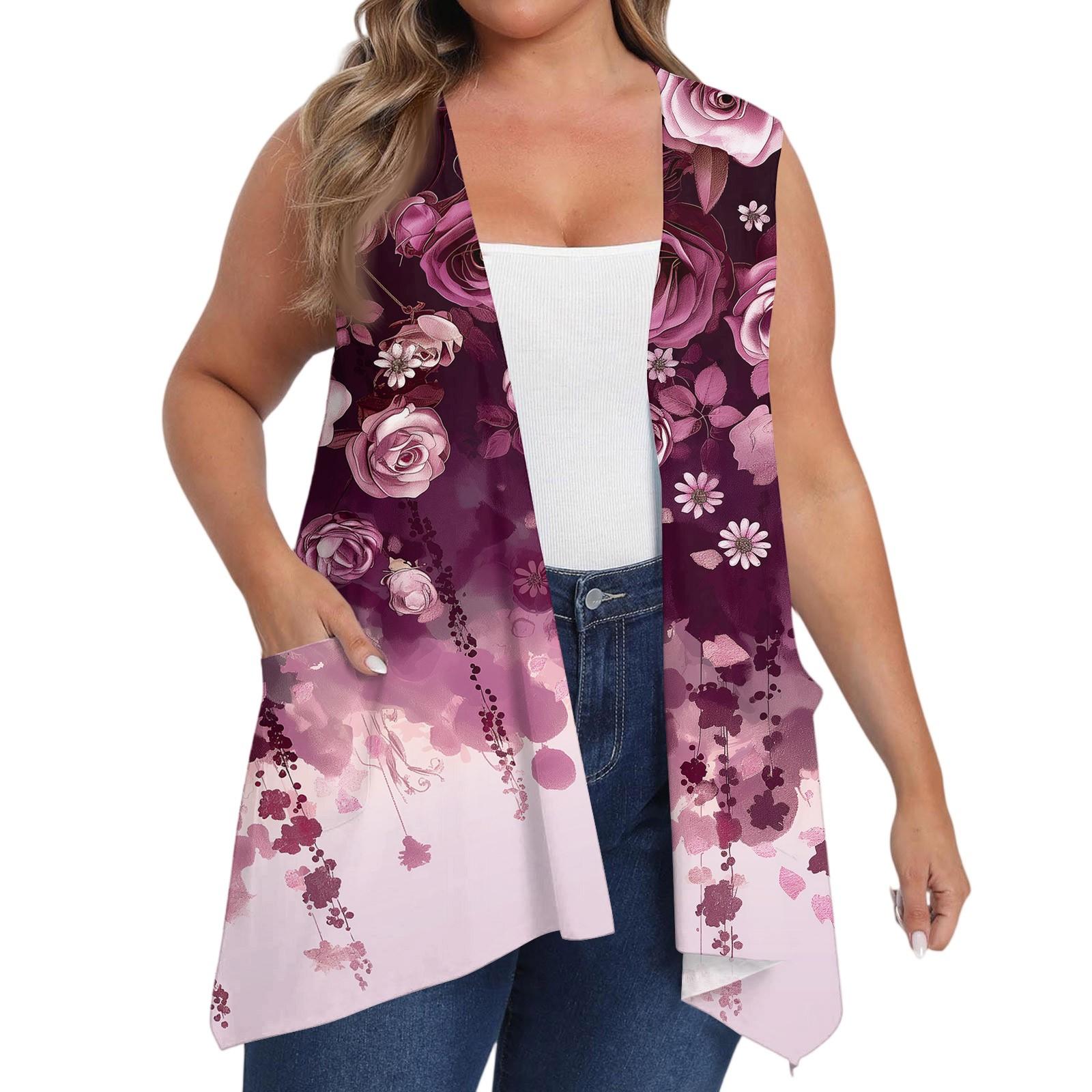 Damen Übergröße Locker Lässig Bedruckt Ärmellos Weste mit Tasche Strickjacke Jacke Strickjacke Jacke XL heißes rosa