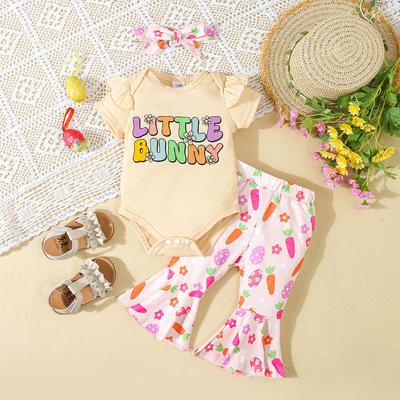 1-18Months Baby Girls Easter Letter Short Sleeve Onesie Radish Egg Print Bell Bottoms Headband Set
