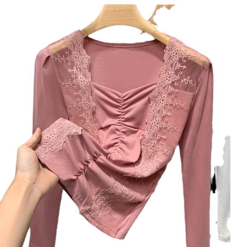 Tricou de bază cu mâneci lungi pentru toamnă pentru femei, tricou din fir dantelat pentru femei, cu design senzual, top interior plisat