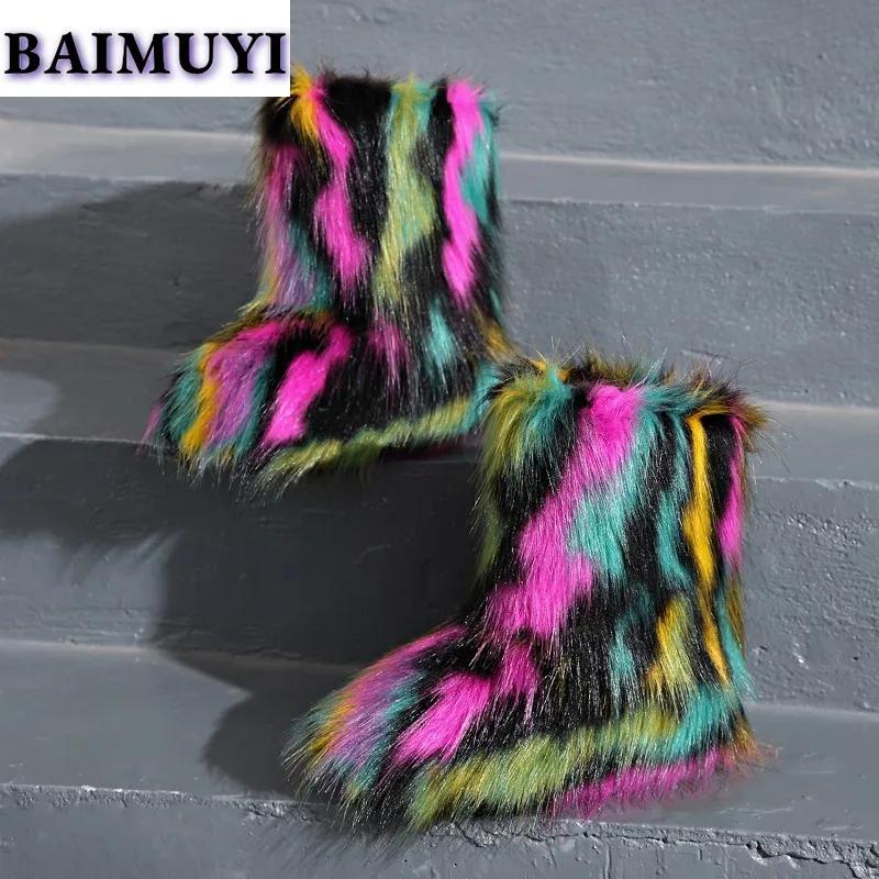 Luxusní chlupaté dámské kotníkové sněhule s plochou platformou, zateplené kožešinou, značkové zimní boty 2025, trendy designérské dámské plyšové kotníkové boty