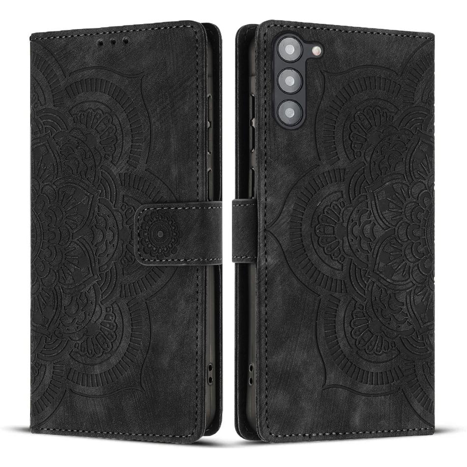 

For Samsung Galaxy S23 Leather Case WANLONFENG HDM Series Mandala Imprint Wallet Stand Phone Cover Black