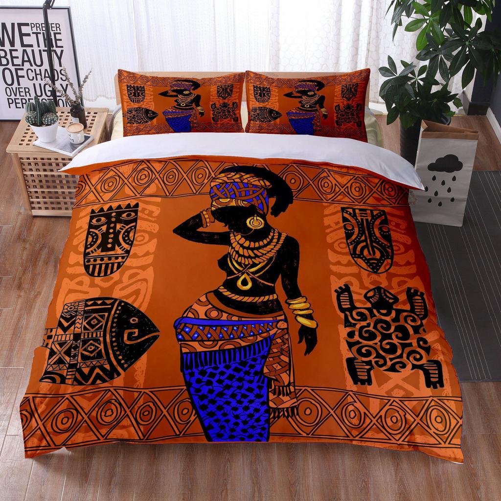African Woman Bedding Set Ethnic Afro Duvet Cover Microfiber African American Comforter Set 3 Pieces Orange Ancient Desert Full