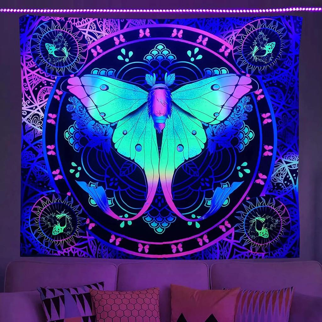 Psychedelic mushroom fluorescent tapestry luminous hanging cloth decoration  interior  under ultraviolet light