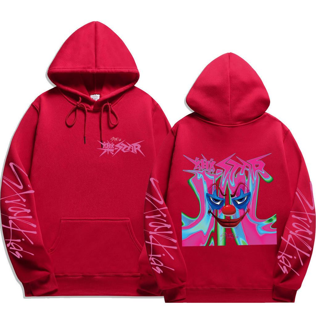 Stray Kids Evil Clown Drip Graphic Pullover Hoodie Background Joker‑Style Clown Face Drawstring Hood Oversized Unisex K‑Pop Streetwear Fan Merch