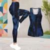 Women Plus Size Two Piece Set Scoop Neck Sleeveless Dark Blue Beige Printed Tank Top Fitted Pants
