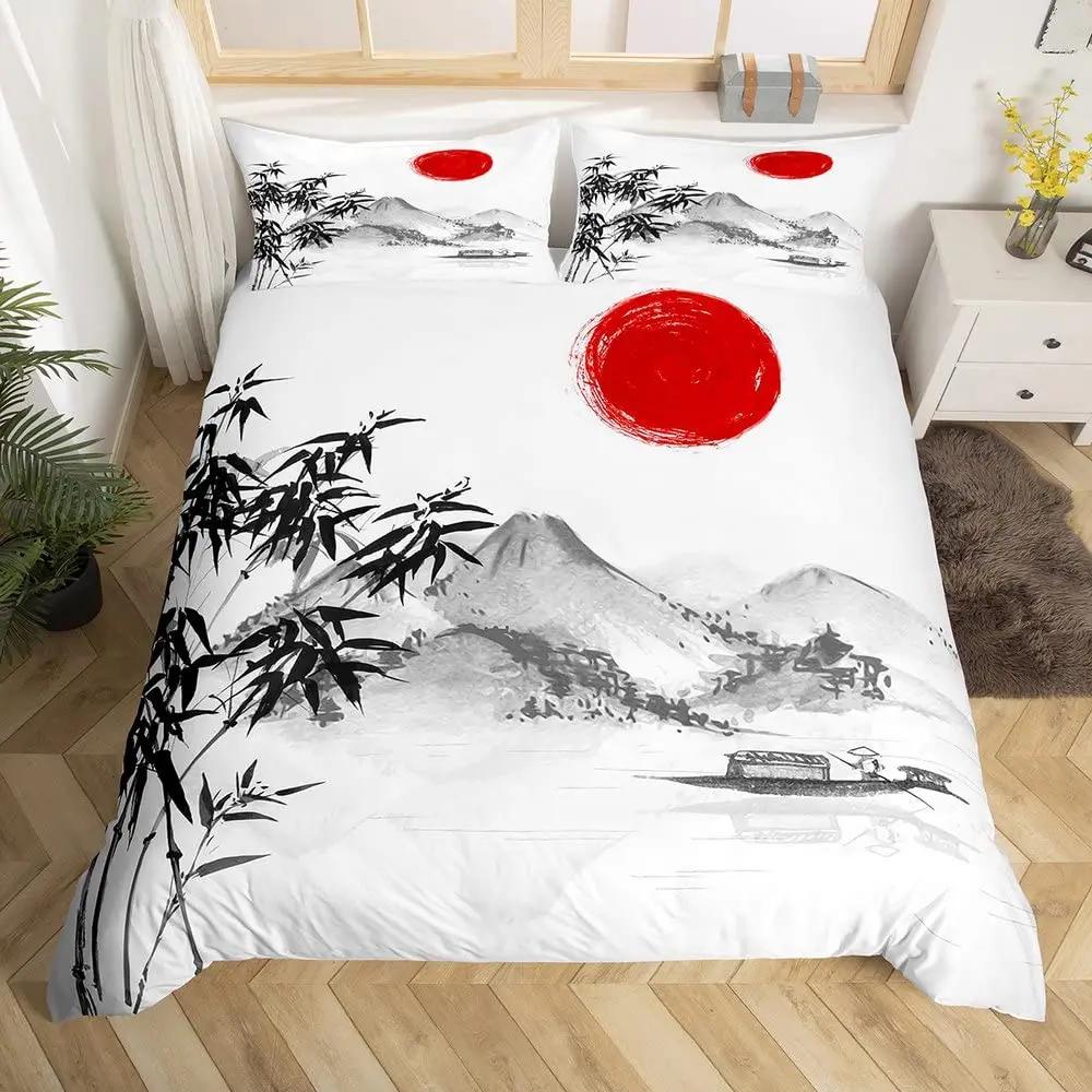 Japanese Fuji Mountain Duvet Cover Set Crane Bedding Set Watercolor Nature Tree Branches Comforter Cover Traditional Quilt Cover
