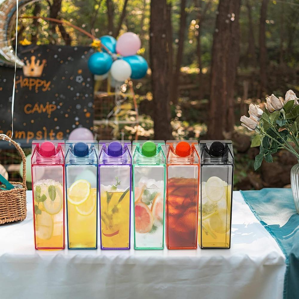 Set of 6 Plastic Milk Carton Colorful Clear Water Bottle, 17oz Portable Milk Box Leakproof Square Juice Bottle for Outdoor Sports Travel Camping