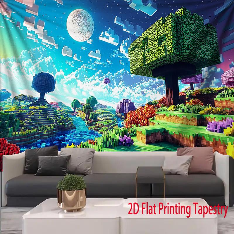 2D Flat, Game tapestry, pixelated square landscape tree moon fantasy game bedroom children s room decorative poster 100X70CM
