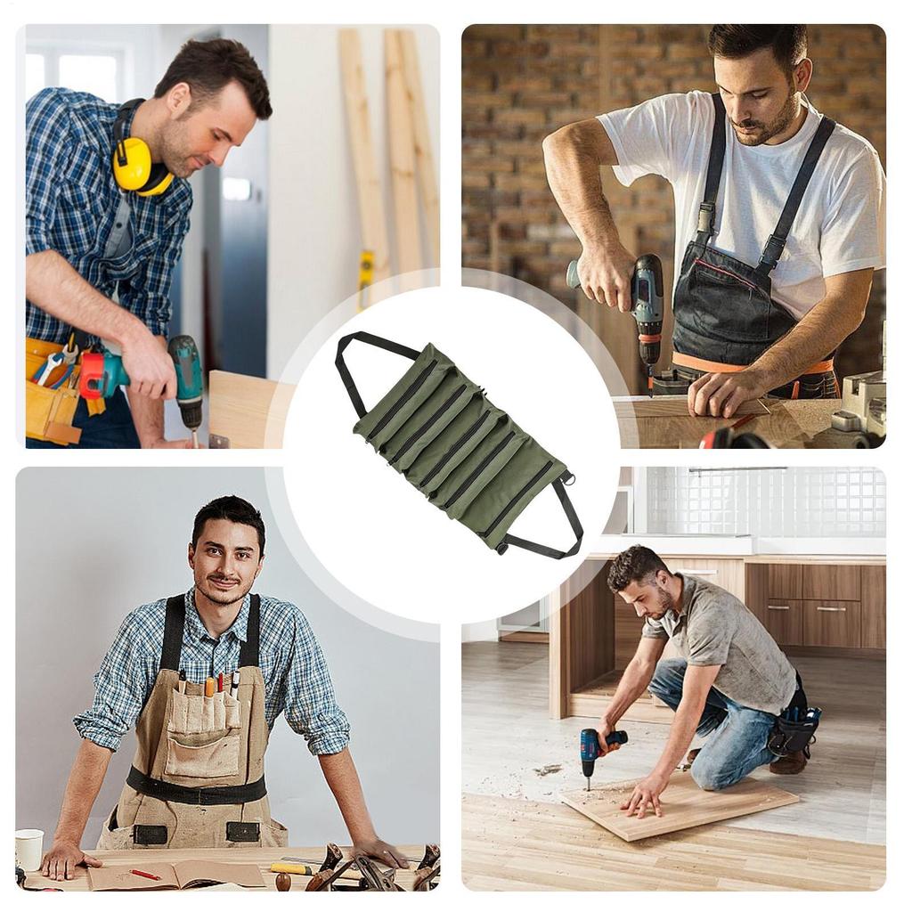 Tool Roll Bag Foldable Organization with 5 Zippered Pockets Tool Organizer Pouch for Electrician Plumbing Repair Maintenance