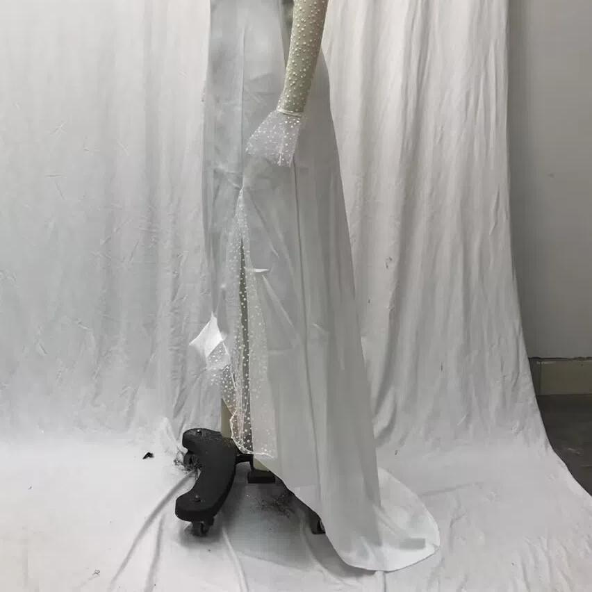 2025 Summer Autumn Women's Sheer Mesh Wedding Dress, Sexy V-Neck Long Sleeve Gown With High Slit, White See-Through Bridal Dress For Formal Events