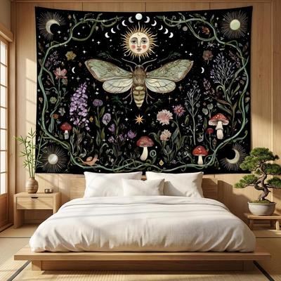 Mystic Celestial Moth Tapestry, Sun Moon Phase Floral Mushroom Print Large Wall Hanging for Bedroom Living Room Aesthetic Decor