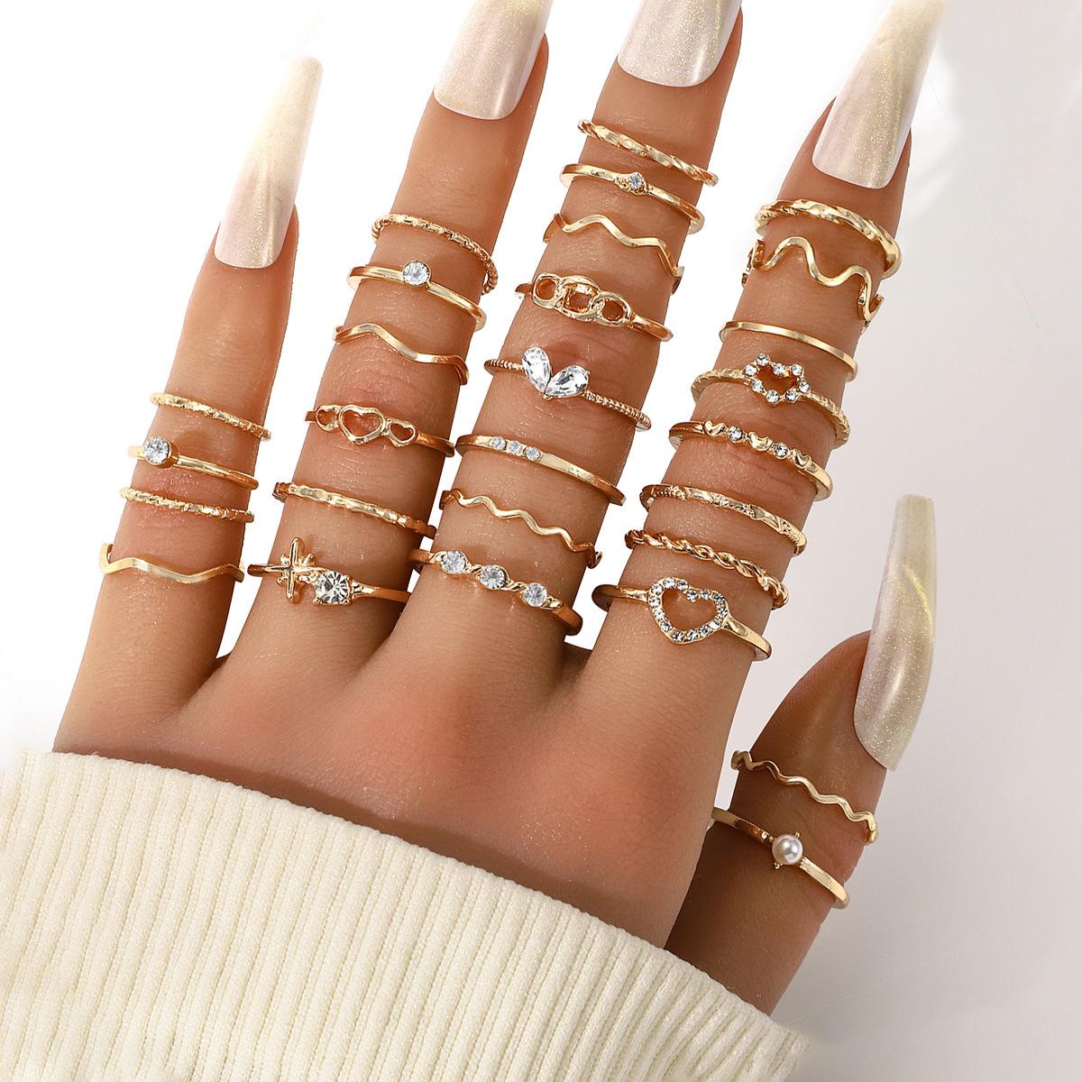 Hot-selling simple diamond-set love irregular ring set gold geometric joint ring set