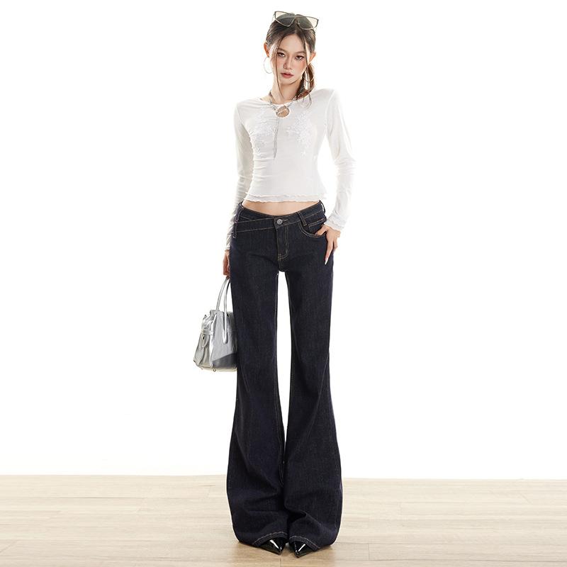American dark blue primary color low waist micro pull jeans women's autumn and winter new hot girl loose and thin horn pants
