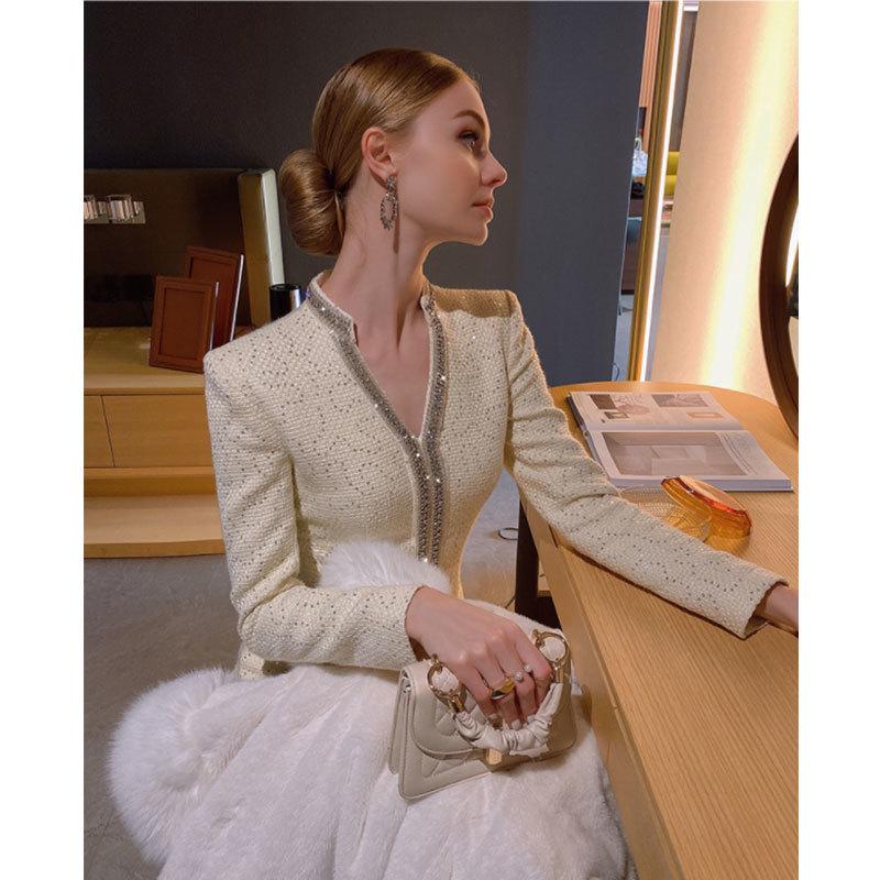 Autumn/Winter Celebrity Style V-Neck Slim Tweed Dress for Women