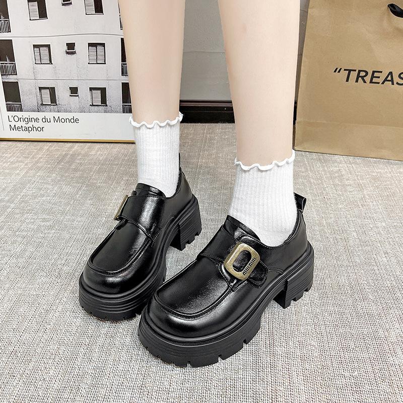 Niche British Small Leather Shoes Women's 2025 Spring New Retro Thick Heel Belt Buckle Loafers Heightening Fashion Single Shoes